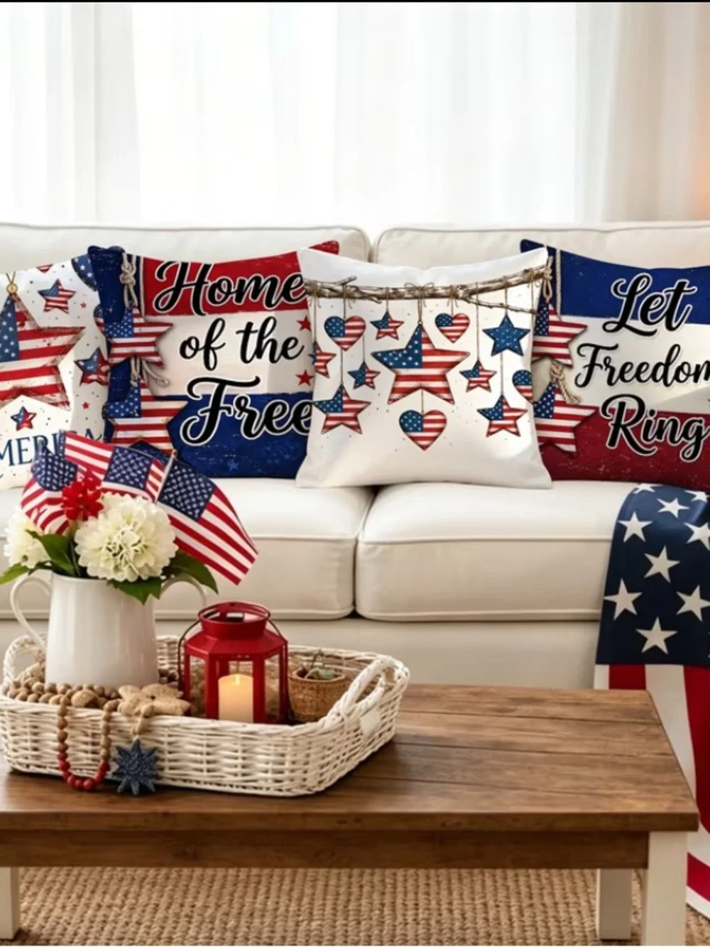🆕 4 pk Patriotic Red, White & Blue Decorative Pillow Cover Set - Home Holiday